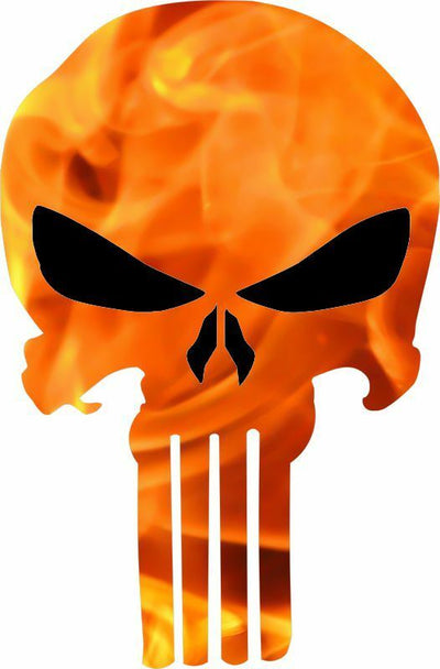 Punisher Skull Decal - Orange Fire Black Eye/Nose Punisher Exterior Decal - Powercall Sirens LLC