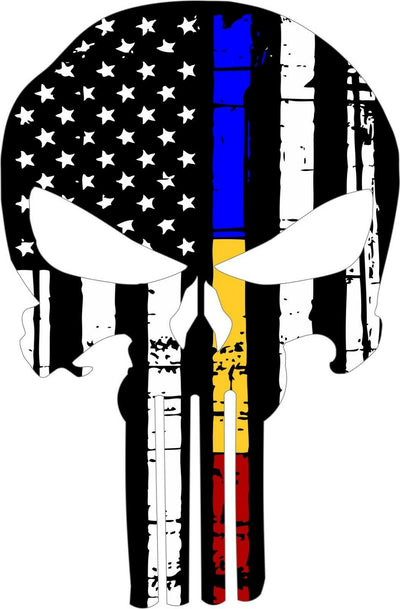 Thin Red/Blue/Yellow Line Punisher USA Flag Exterior Window decal-Various Sizes - Powercall Sirens LLC
