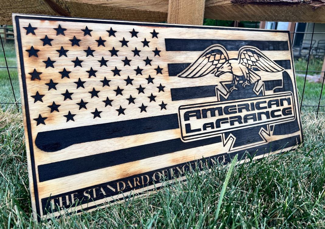 American Lafrance Engraved Wood 23" x11" Flag Sign