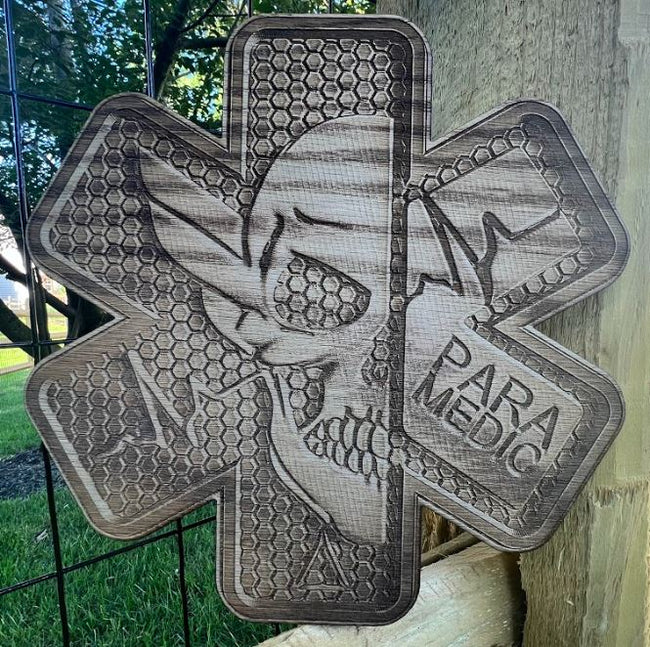 Paramedic EMS Star Skull Custom Engraved Wood Sign - Powercall Sirens LLC