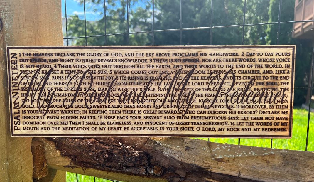Psalm 19 Rock Redemmer Engraved Wood Sign 17" x 5.5"