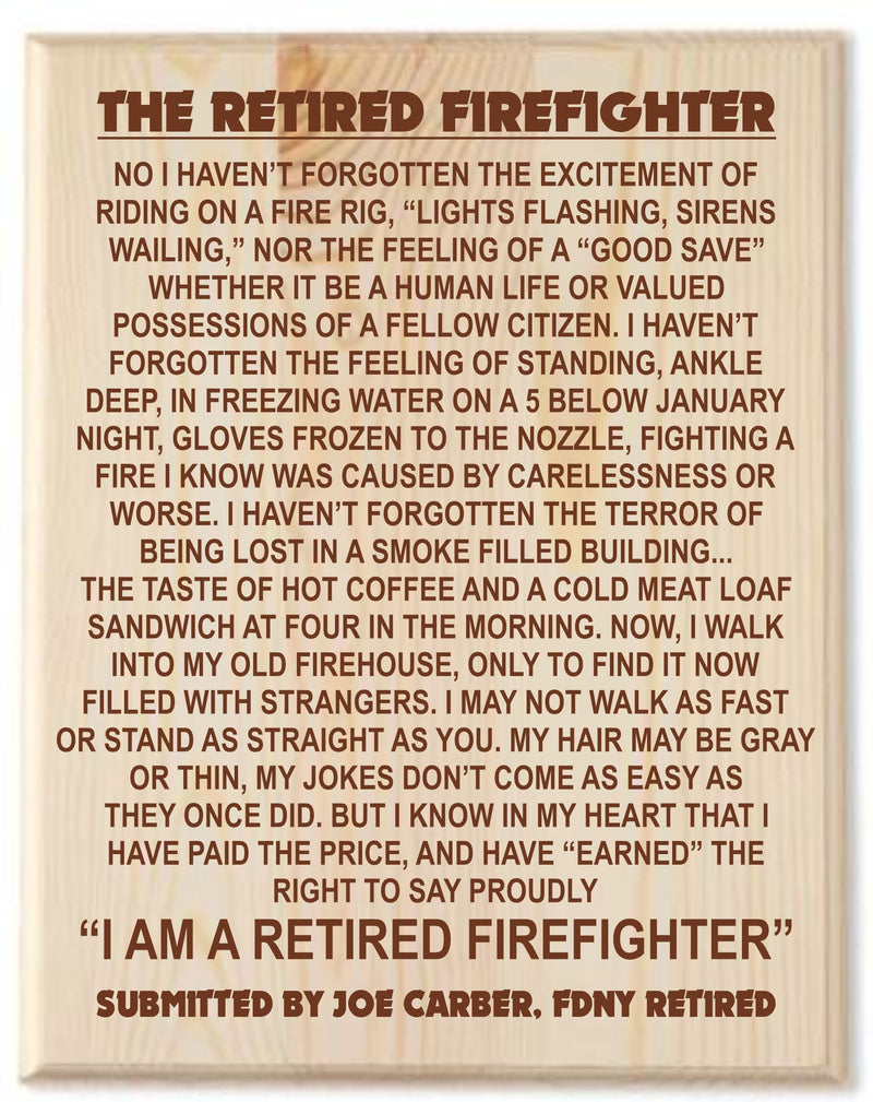 Retired Firefighter Joe Carber Custom Engraved Wood Sign - Powercall Sirens LLC