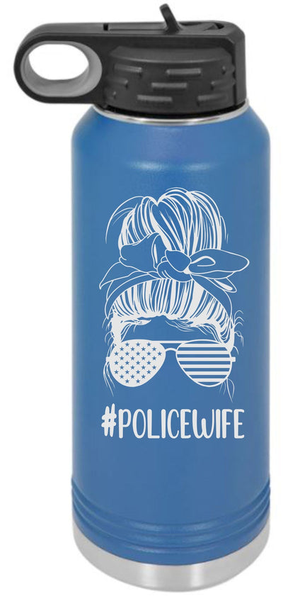 #PoliceWife Messy Bun Engraved Skinny Tumbler or Water Bottle - Powercall Sirens LLC