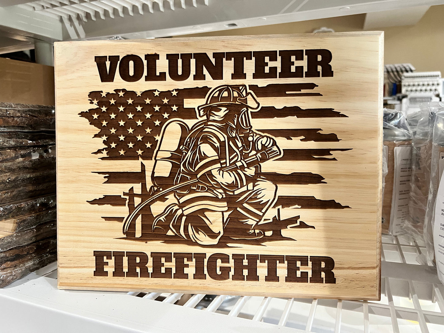 Kneeling Volunteer Firefighter Customizable Engraved Wood Sign - Powercall Sirens LLC